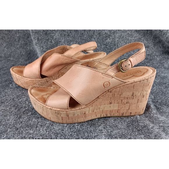 Born Shoes Cork Wedge Sandals Tan Leather Strappy Buckle Size 9M - Picture 4 of 9